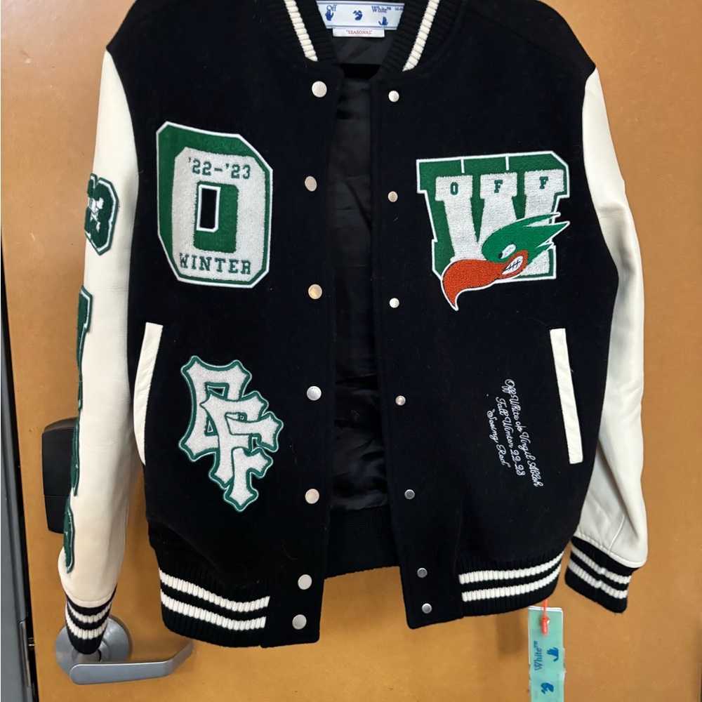 Off-White Varsity Jacket with Green and White Patches - size 36